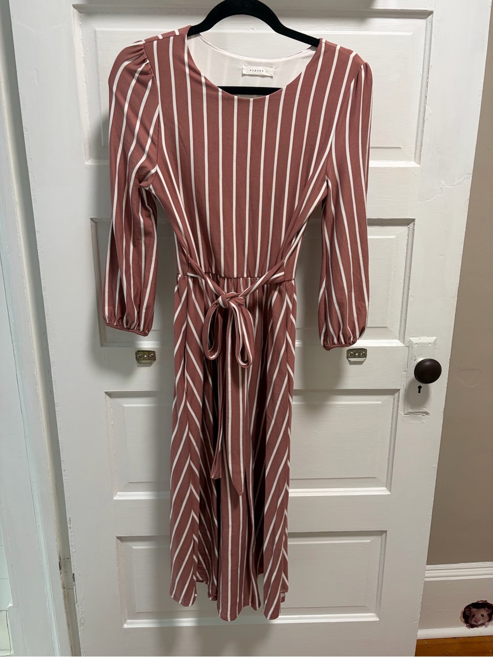 Reborn J Mauve and White Striped Tie-Waist Midi Dress
